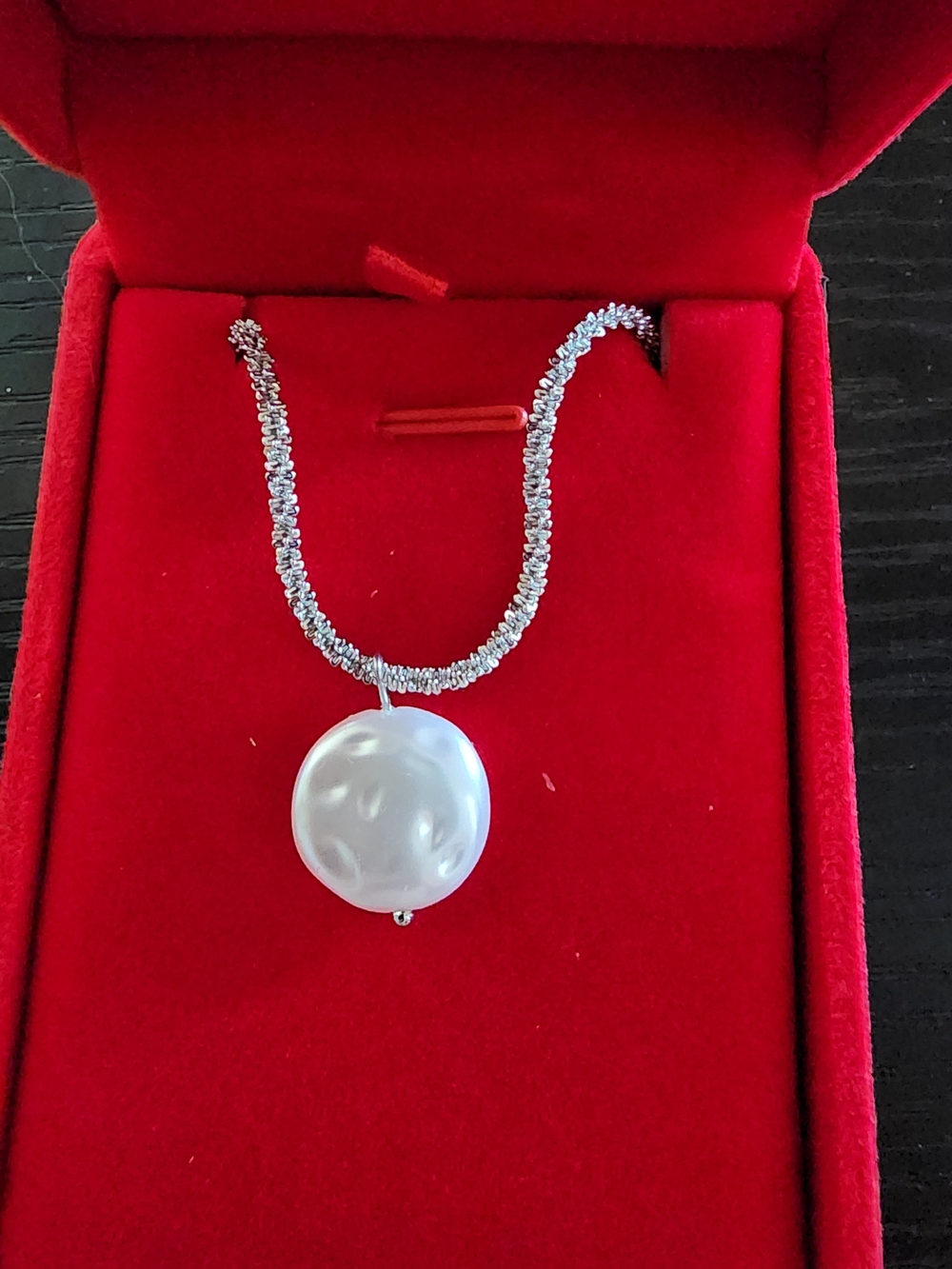 Silver-Tone Necklace with White Pearl Disk Pendant